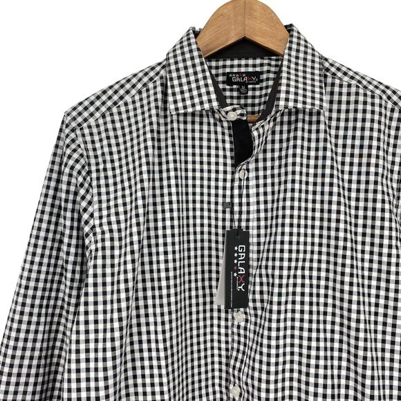 GALAXY BY HARVIC NWT Men's Plaid Long Sleeve Button Shirt Black White Medium - Picture 2 of 6